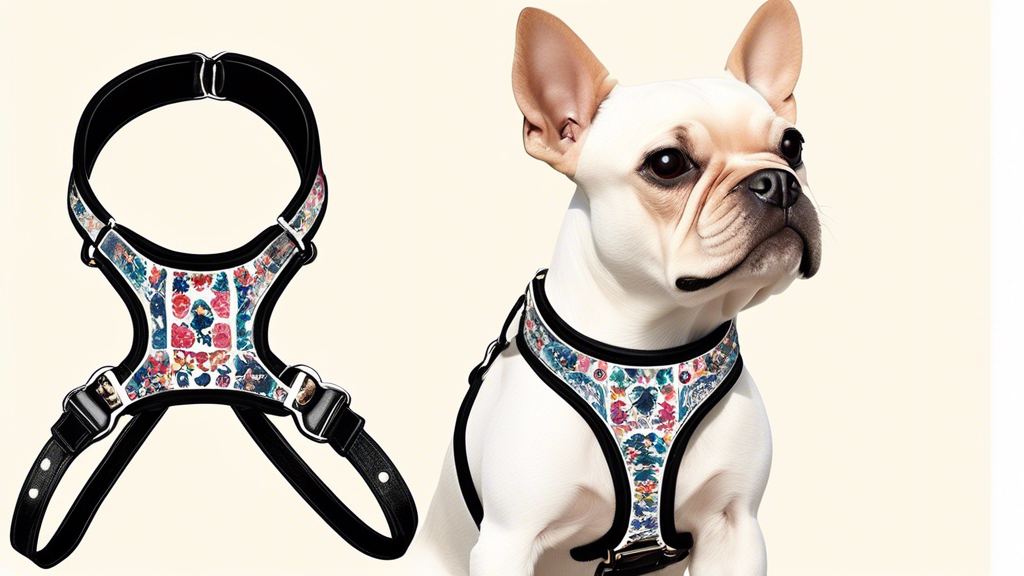 Create an image of a chic, fashionable dog harness designed by Dior. The harness should showcase luxurious materials and elegant craftsmanship, fitting comfortably on a well-groomed, stylish dog. Plac