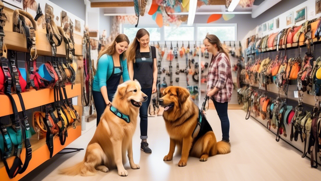 A heartwarming scene featuring a variety of large dog breeds, such as a Golden Retriever, German Shepherd, and Bernese Mountain Dog, trying on different high-quality harnesses in a bright, inviting pe