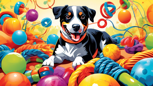 Create an image of a happy dog playing with colorful, durable tug toys in a sunny backyard. Include a variety of toy designs such as ropes, rubber rings, and plush animals, all displaying vibrant, eye