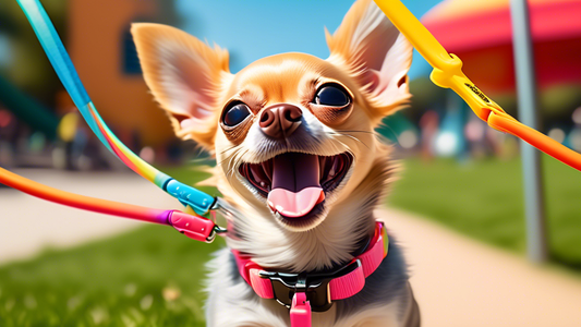 A close-up image of a small dog, like a Chihuahua, happily using a colorful retractable leash during a sunny day at the park. Surrounding the dog are multiple retractable leashes, showcasing different