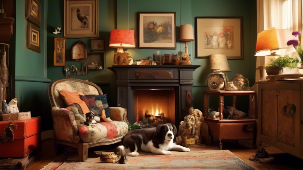 Create an image of a cozy living room with a nostalgic atmosphere, where an owner finds their pet's old, colorful harness tucked away in a drawer. The scene should include a joyful pet, perhaps a dog 