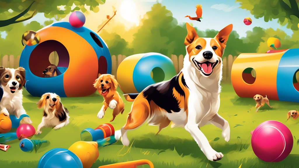 Create an image of a vibrant backyard filled with a variety of outdoor toys for dogs, including agility tunnels, frisbees, fetch balls, and rope toys. Show dogs of different breeds joyfully playing an