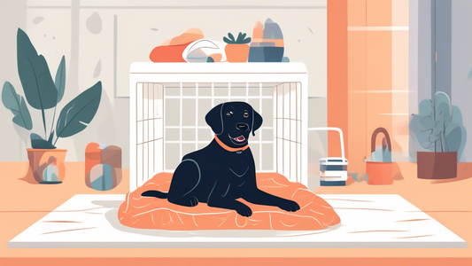 Create an image of a friendly Labrador sitting happily next to a sturdy, spacious dog crate. The crate should have soft bedding inside and a few toys nearby. The background should be a cozy, well-lit 