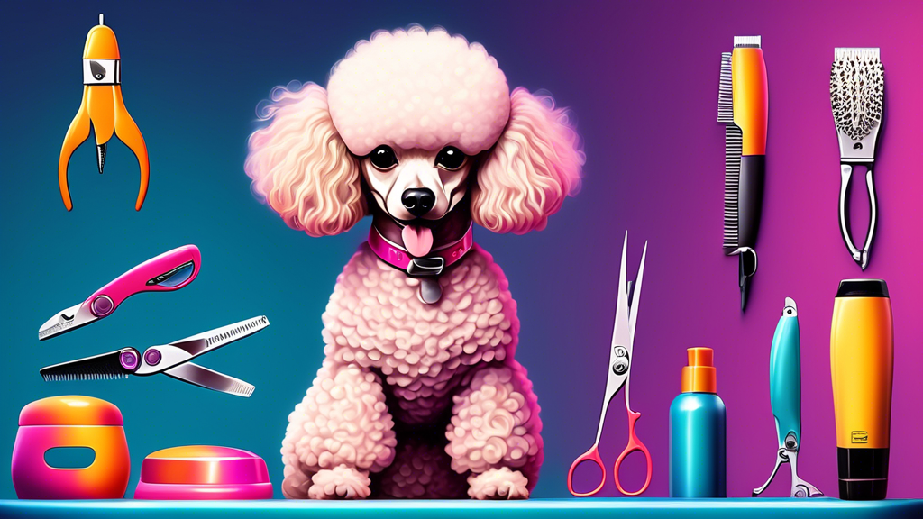 Create an image of a beautifully groomed poodle standing proudly on a grooming table, surrounded by top-quality dog clippers and grooming tools. The scene should be well-lit and vibrant, with the pood