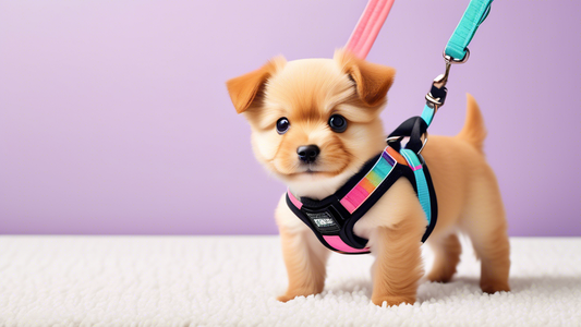 Create an image of a small, adorable puppy standing on a soft, plush carpet while wearing a perfectly fitting, stylish XXS harness. The scene should show a variety of colorful and different designed h