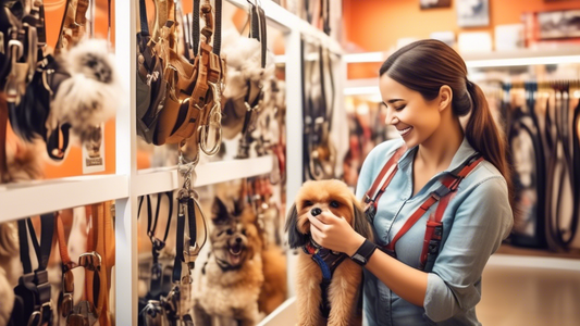 Create an image of a cheerful pet owner in a brightly lit pet store, carefully examining various dog harnesses on display. The background should have a variety of harness styles, colors, and sizes han