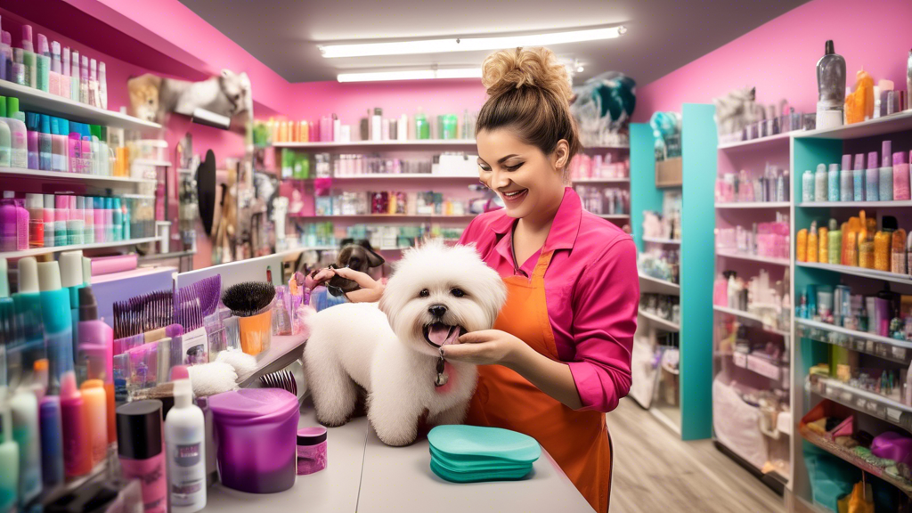 High-resolution image of a vibrant pet grooming store interior, shelves stocked with a wide array of wholesale dog grooming supplies such as shampoos, clippers, brushes, grooming tables, and colorful 