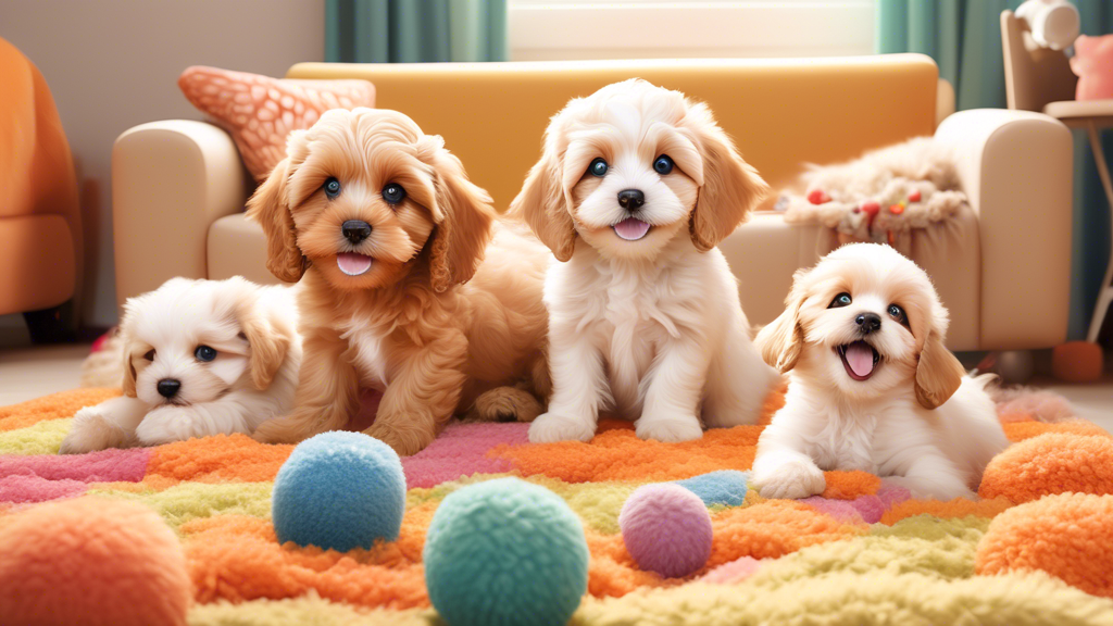A cozy living room setting with playful Toy Cavapoo puppies frolicking on a plush rug, surrounded by colorful toys and comfy pet beds. The puppies have soft, curly fur in various shades of apricot, cr