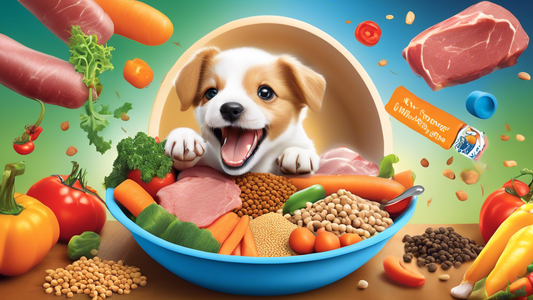 Create an image of an energetic, happy small breed puppy eagerly eating from a bowl labeled 'Nutrisource Small Breed Puppy Food,' surrounded by vibrant and healthy ingredients such as fresh meat, vege
