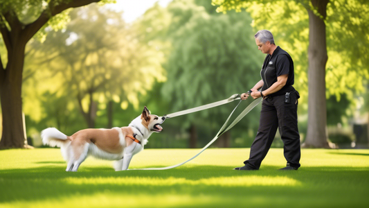 Create an image of a professional dog trainer working with a well-behaved dog using a K9 Lifeline Transitional Leash. The trainer is demonstrating techniques in a park setting, surrounded by vibrant g
