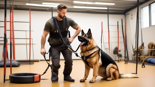 Create an image of a professional dog trainer working with a German Shepherd in a well-equipped training center. The trainer is demonstrating a protective stance, while the dog attentively watches, we