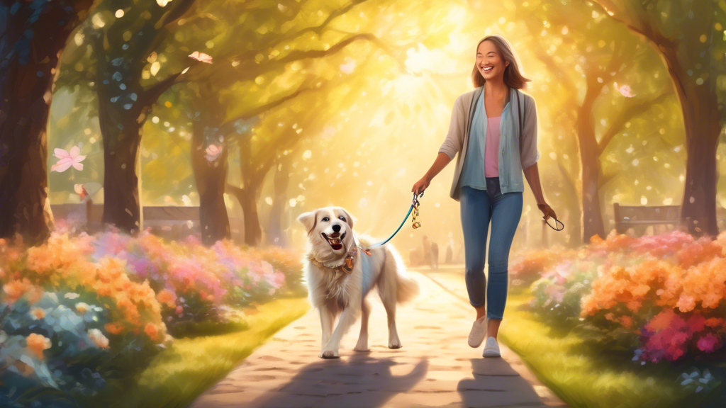 Create an image of a happy dog and its owner walking in a picturesque park. The dog is wearing a special, glowing leash that seems magical. The leash has intricate, swirling patterns and emits a soft,