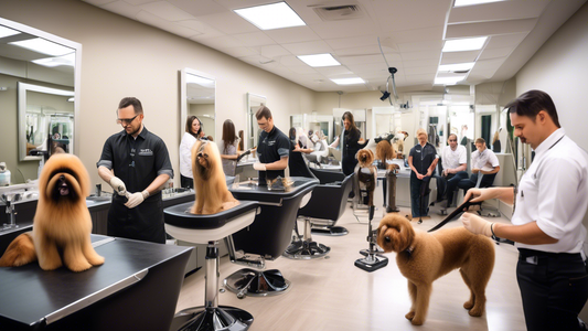 Create an image depicting a polished, modern professional grooming training session. In the foreground, a groomer demonstrates precise techniques on a well-groomed dog, using high-quality tools. Sever
