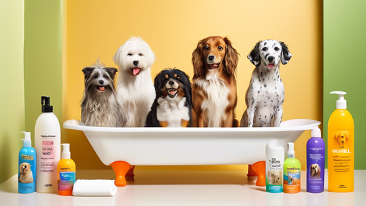 Create an image featuring a variety of dog breeds happily getting a bath in a colorful, well-lit bathroom. Display an assortment of shampoo bottles labeled with different features such as 'Oatmeal for