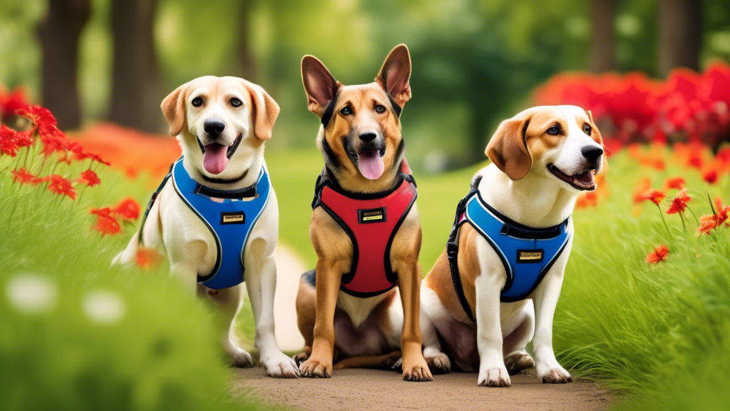 Create an image of two happy hounds, one a Beagle and the other a German Shepherd, both wearing well-fitted walking harnesses, in a beautiful park. The scene should include verdant grass, vibrant flow