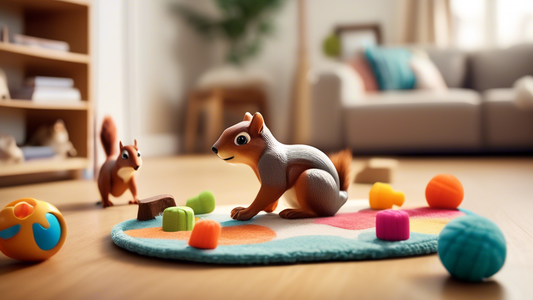 Create an image of a playful scene featuring a realistic squirrel-shaped toy designed for pets, placed in a cozy living room. The toy is colorful, durable, and has interactive elements like squeakers 