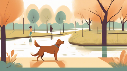 Create a detailed illustration of a reactive dog with fur raised, barking while being gently managed by a calm and composed owner. The setting is a peaceful park with a clear contrast between the dog’