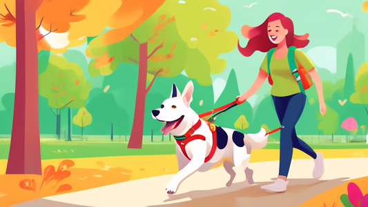 An energetic dog being walked by its owner using a colorful no-pull harness in a sunny green park, the owner smiling with ease and the dog happily trotting along, showcasing the comfort and control pr