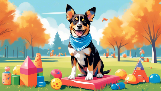 A cheerful puppy wearing a bandana sits attentively in a grassy park, surrounded by colorful training toys and treats, with a friendly trainer guiding it under a clear blue sky.