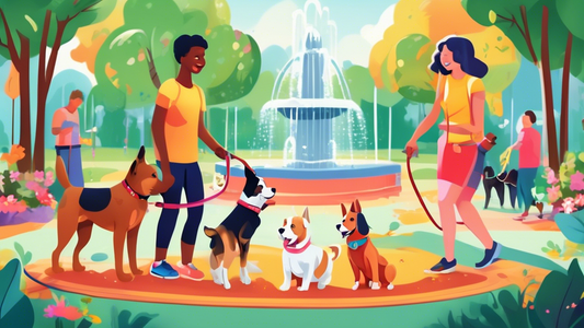 A vibrant scene set in a lush park, showcasing a variety of dogs wearing the top-rated training leashes. Each dog is engaged in different training activities with their owners, demonstrating control a