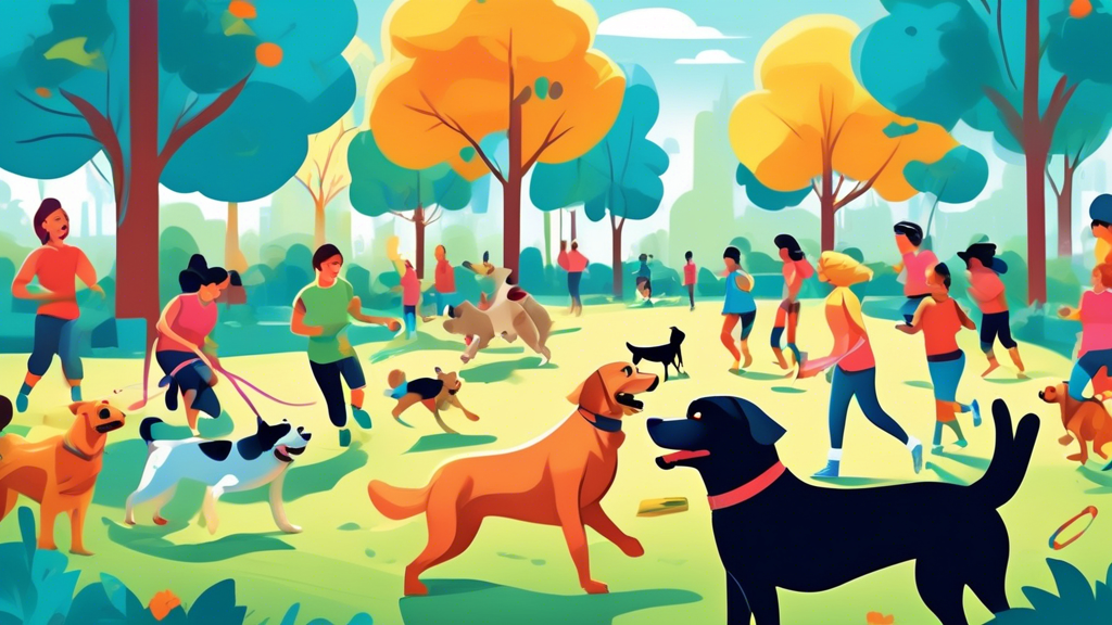 A vibrant scene showcasing a joyful dog training boot camp in a lush park. Dedicated trainers are working with various breeds, teaching commands and social skills. Friendly dogs performing tricks, run