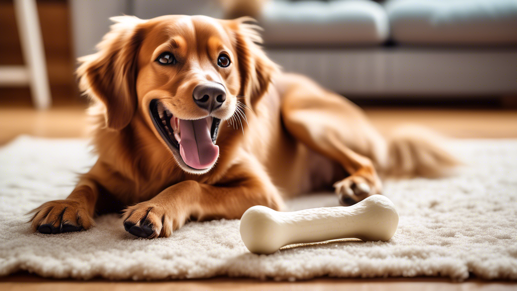 Create a detailed and vibrant image of a happy, healthy dog joyfully chewing on a Bam Bone in a cozy living room. The room should have plush furniture, a soft rug, and a few dog toys scattered around 