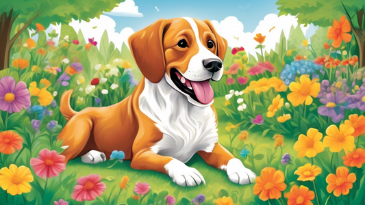 Create an image of a happy, healthy dog sitting in a vibrant garden, surrounded by six monthly boxes labeled Simparica Trio. The dog should have a shiny coat and a wagging tail, representing the benef