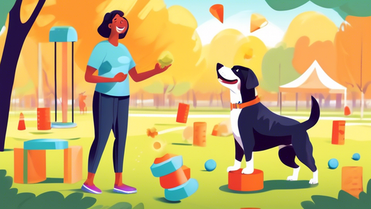 A cheerful dog owner in a sunny park successfully training their playful dog using treats and positive reinforcement. The scene includes a variety of dog training tools like clickers, agility cones, a