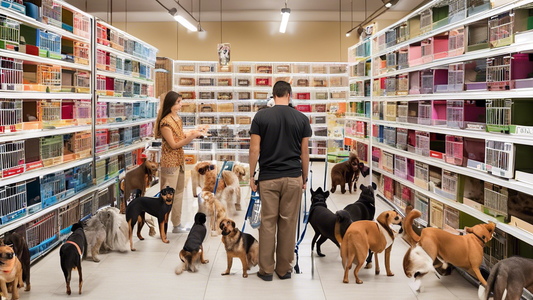 An image of a variety of dog crates in different styles and sizes arranged neatly in a pet store aisle. A knowledgeable store employee is attentively helping a thoughtful customer choose the best crat