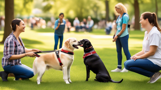 Create an image depicting a cheerful environment where individuals are participating in a free service dog training program. Show a diverse group of people interacting with well-behaved dogs in a spac