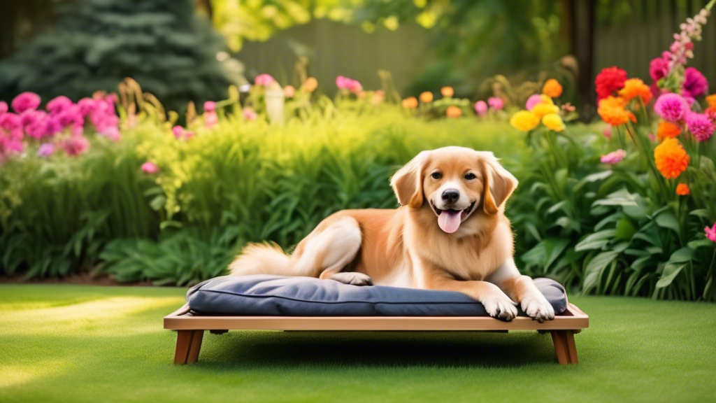 Create an image of a cozy and stylish outdoor dog cot bed placed in a beautiful backyard setting. The scene should feature a happy dog lounging comfortably on the bed, surrounded by lush green grass, 