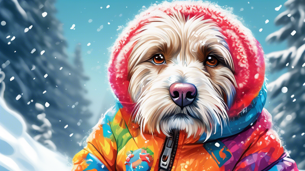 Create a detailed and vibrant image of a dog wearing a stylish and functional winter coat with the logo 'Kong' visible. The dog should look happy and comfortable, demonstrating the coat's quality. Inc
