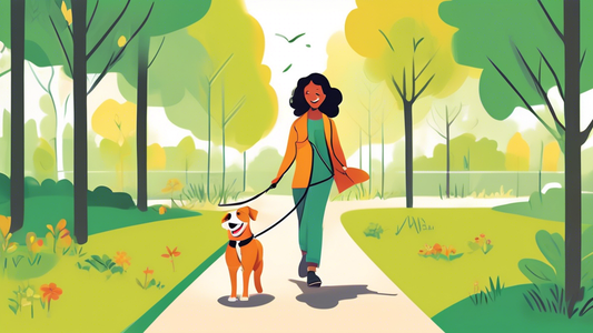 Create an image of a happy dog on a walk in a park, using a double-ended dog lead held by a smiling human. Show how the lead connects to both the collar and harness of the dog, demonstrating the contr