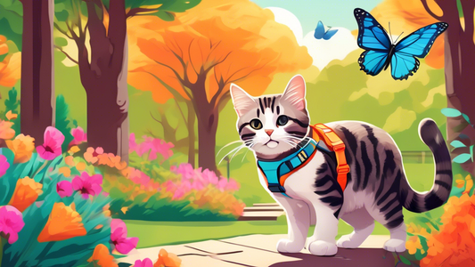 A curious cat exploring a picturesque park, wearing a comfortable and colorful harness with a leash. The background showcases vibrant trees and flowers, while the cat observes a butterfly with curiosi