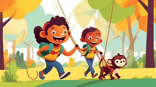 Create an image of a cheerful, sunny outdoor park scene, featuring a parent and child using a colorful and fun harness buddy. Show the child safely exploring while the parent keeps an eye on them, wit