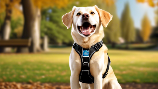 Create a detailed image of a happy dog wearing a well-fitted Kurgo harness, standing in an outdoor park setting. The image should feature different types of Kurgo dog harnesses displayed on a table ne