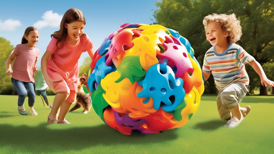 Create an image of a colorful, bouncy Wiggle Waggle Ball in motion, surrounded by delighted children and playful pets. The setting is a sunny park with green grass and a clear blue sky, where everyone