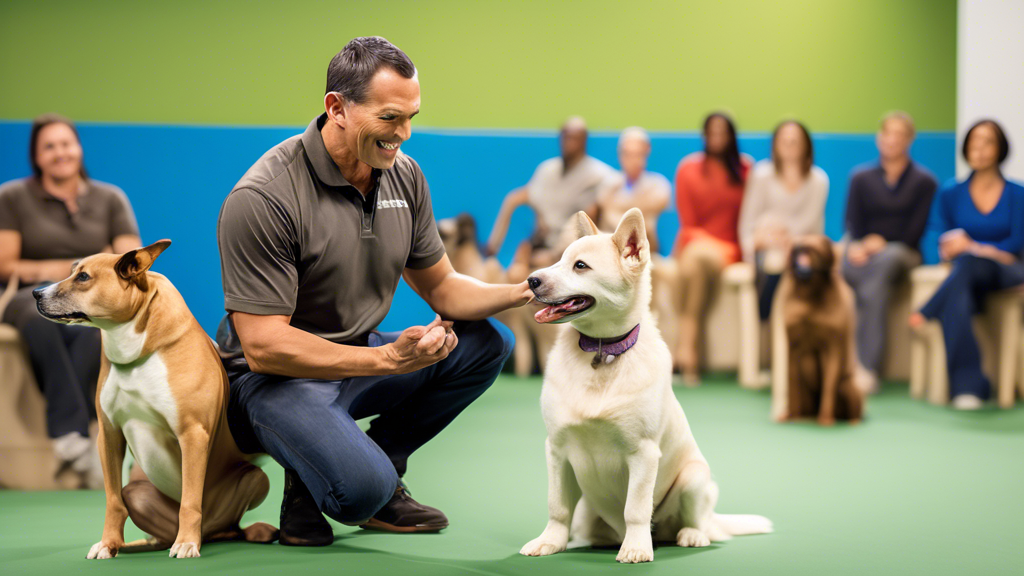 Create a vibrant, heartwarming scene featuring a renowned dog trainer named Caesar interacting with a group of diverse dog breeds in a well-maintained training facility. Caesar, exuding confidence and