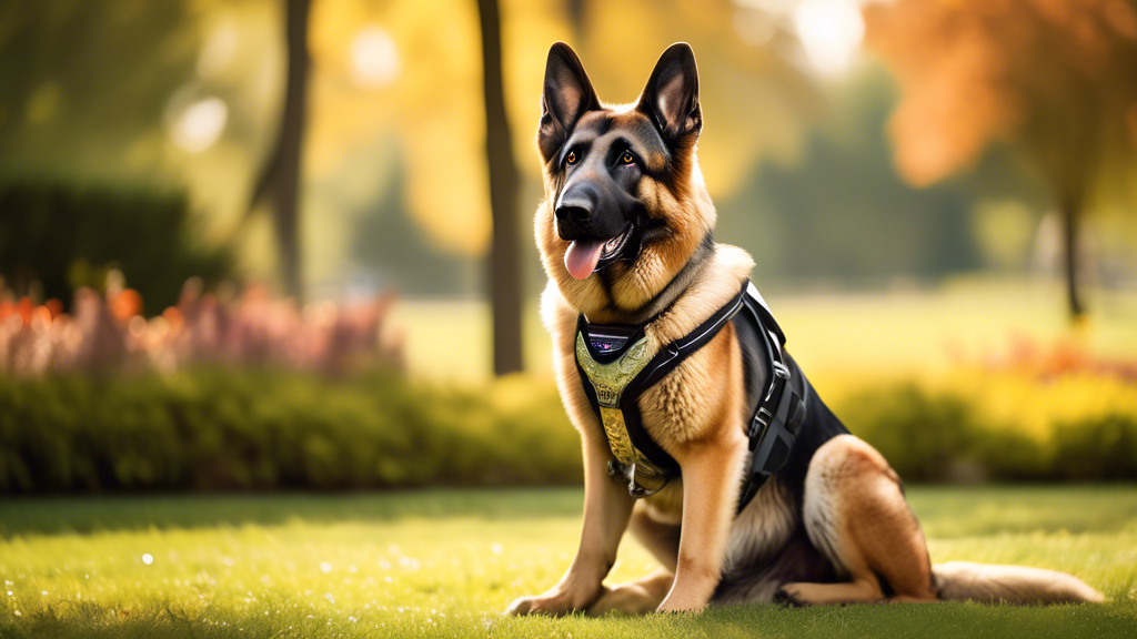 Create a high-quality image of a German Shepherd dog with a shiny coat, standing proudly in an outdoor park setting. The dog is wearing a well-fitted, comfortable, and stylish harness designed specifi