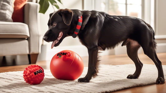 Create a detailed image featuring a playful dog in a cozy, well-lit living room environment, enthusiastically interacting with a variety of Kong Extreme Dog Toys. Include different Kong Extreme models