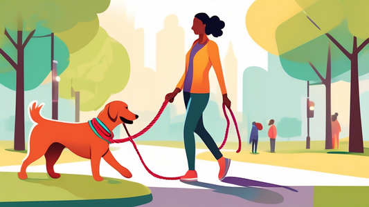 Create an image of a happy dog walking with its owner in a park, showcasing various stylish and durable rope dog leashes in different colors and designs. The leashes should appear strong and comfortab