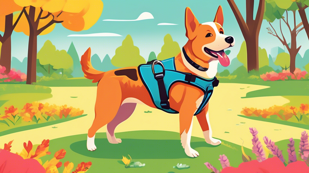 Create a detailed illustration of a happy dog wearing a secure, comfortable harness in a bright, cheerful park setting. The harness should feature strong, durable materials and adjustable straps to en