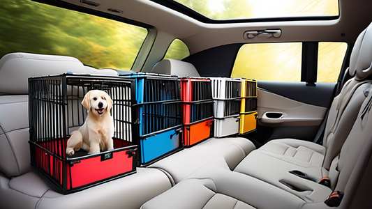 Create an image of a variety of back seat dog crates inside different types of cars, showcasing their features, designs, and different sizes of dogs comfortably sitting inside. Highlight the safety an