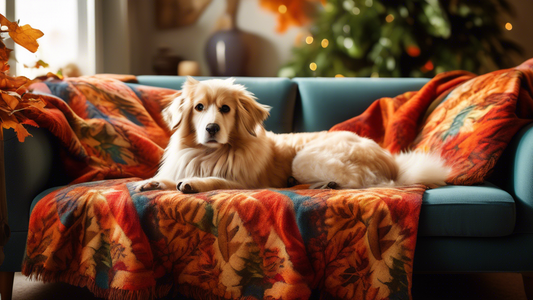 Create an image of a cozy, living room setting with a fluffy dog snuggled up under a vibrant, leaf-patterned blanket on a soft couch. The dog's content expression and the details of the blanket's intr