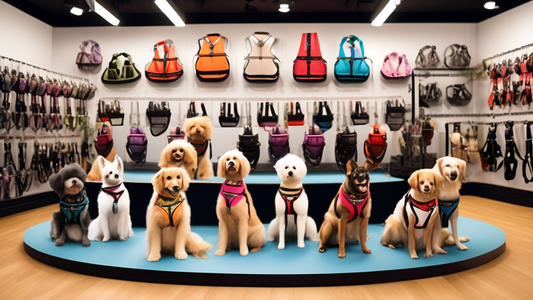 Create an image of a variety of premium dog harnesses on display in a stylish pet store setting. The harnesses should showcase different colors, materials, and designs, illustrating options such as er