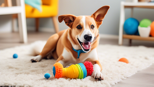 Create an image of a happy dog playing with a colorful, durable toy that has no stuffing. The toy should feature strong construction and engaging textures like rubber or heavy-duty fabric. Include a f