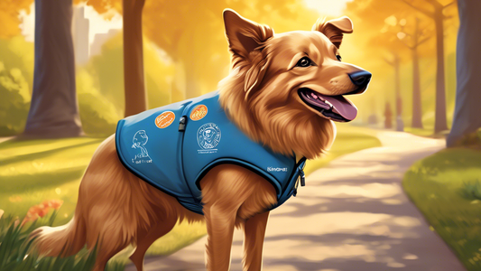 A detailed and heartwarming image of a happy dog wearing a custom vest that includes features like personalized embroidery of the dog's name, built-in pockets for treats and waste bags, and bright saf