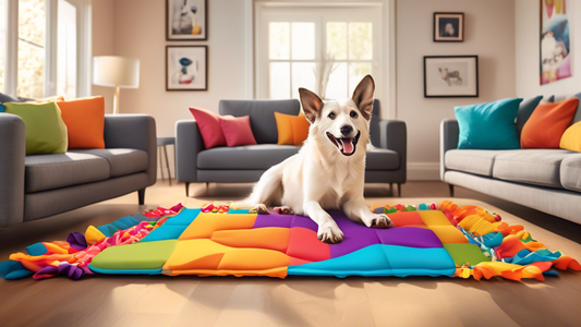 Create an image of a happy dog engaging with a colorfully designed snuffle mat in a cozy living room setting, with various treats hidden within the mat's fabric flaps. The scene should highlight the d