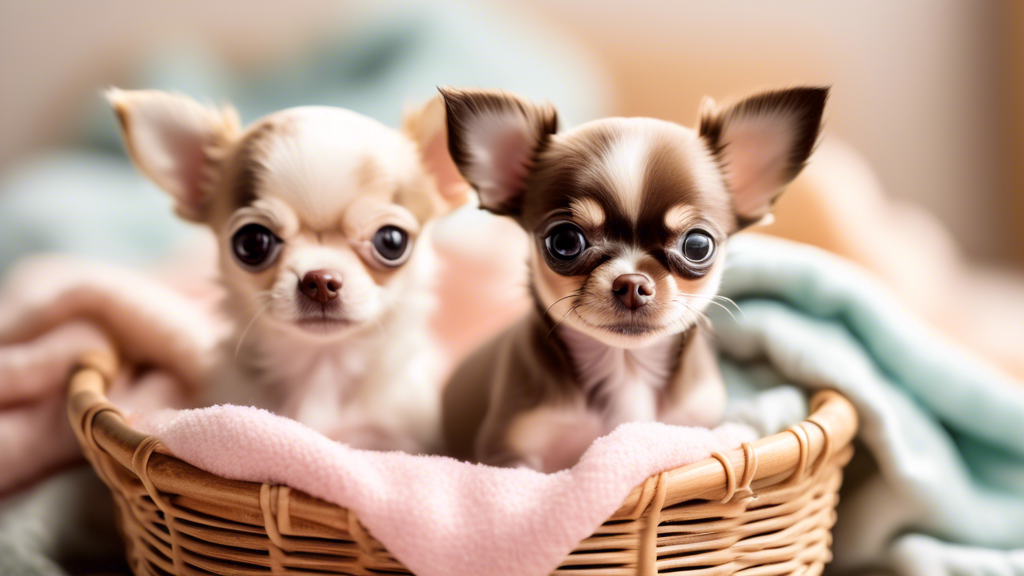 A close-up view of several tiny, adorable teacup Chihuahua puppies with big, expressive eyes and floppy ears, sitting in a wicker basket lined with cozy, pastel-colored blankets. The background is a b