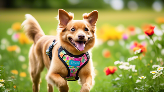 Create a lively and engaging image of a happy dog wearing a stylish EveryYay Dog Harness. The dog is playfully running in a sunny park, surrounded by lush green grass and colorful flowers. The harness